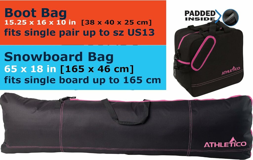 Athletico Padded Two-Piece Snowboard and Boot Bag Combo | Store  Transport Snowboard Up to 165 cm and Boots Up to Size 13 | Includes 1 Padded Snowboard Bag  1 Padded Boot Bag