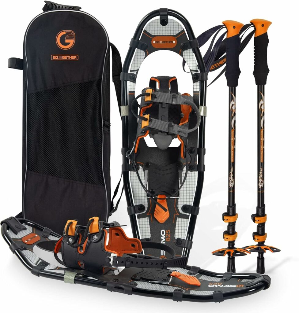 G2 21/25/30 Inches Light Weight Snowshoes for Women Men Youth, Set with Trekking Poles, Carrying Bag, Snow Baskets, Special EVA Padded One-Pull Binding, Heel Lift, Toe Box, Orange/Blue/Red Available