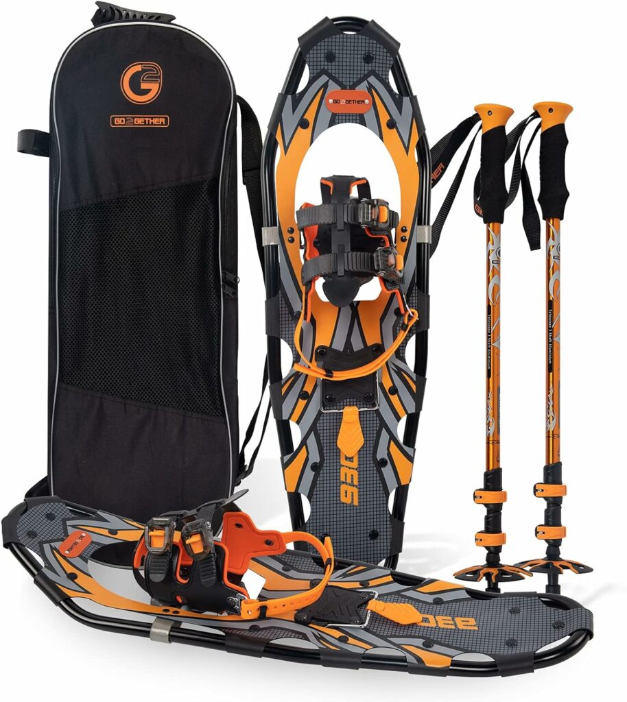 G2 21/25/30/36 Inches Light Weight Snowshoes with Toe Box, EVA Padded Ratchet Binding, Heel Lift, Flexible Pivot Bar, Durable Back Strap, Trekking Poles, Carrying Bag, Snow Baskets(5 colors available)