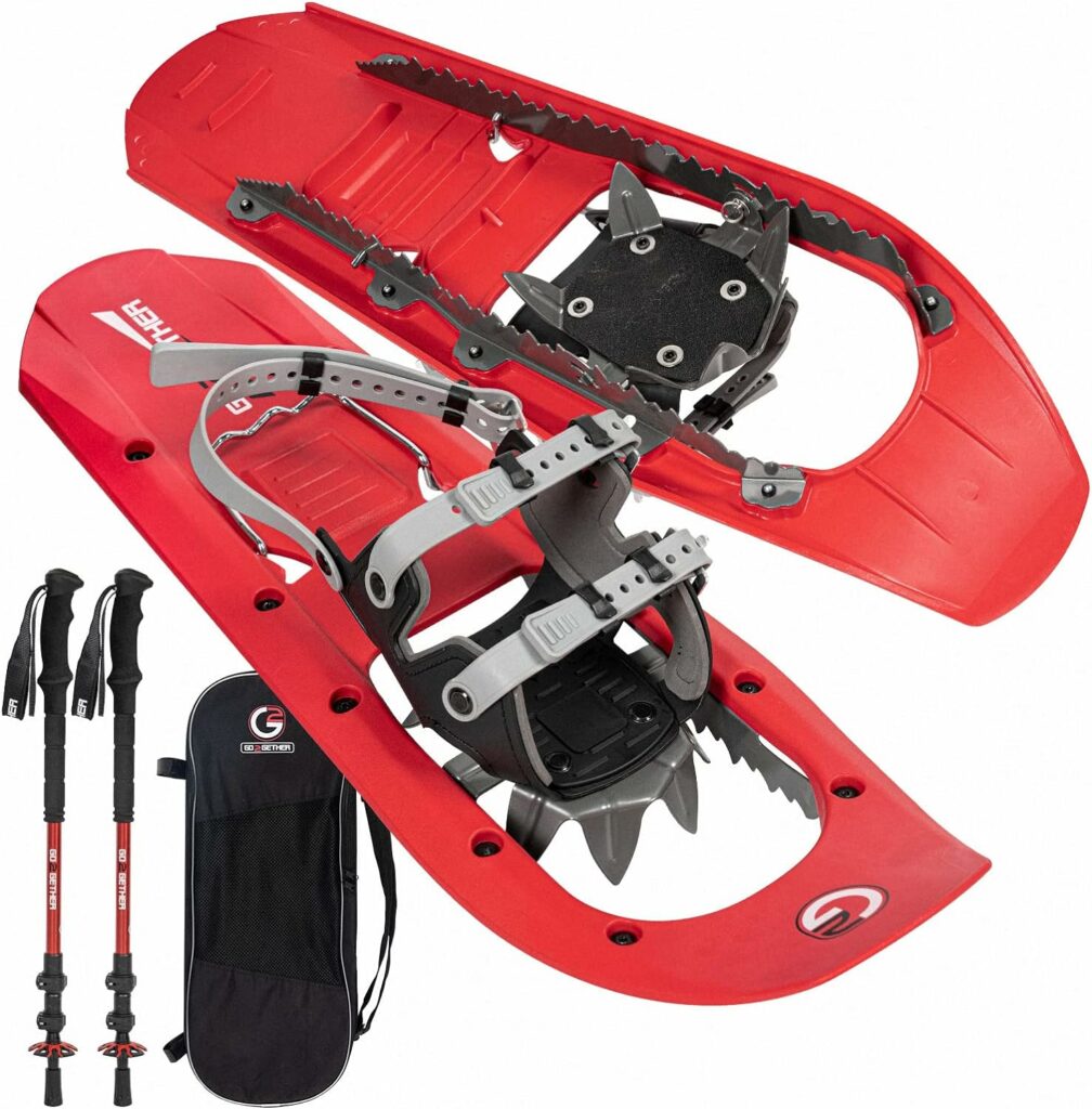 G2 23/25/30 Inch Mountain Terrain Snowshoes with Trekking Poles Set, Special Steel Traction Rails, EVA Foam Padded, Flexible Pivot Bar, Tote Bag, Grey/Blue/Red Available