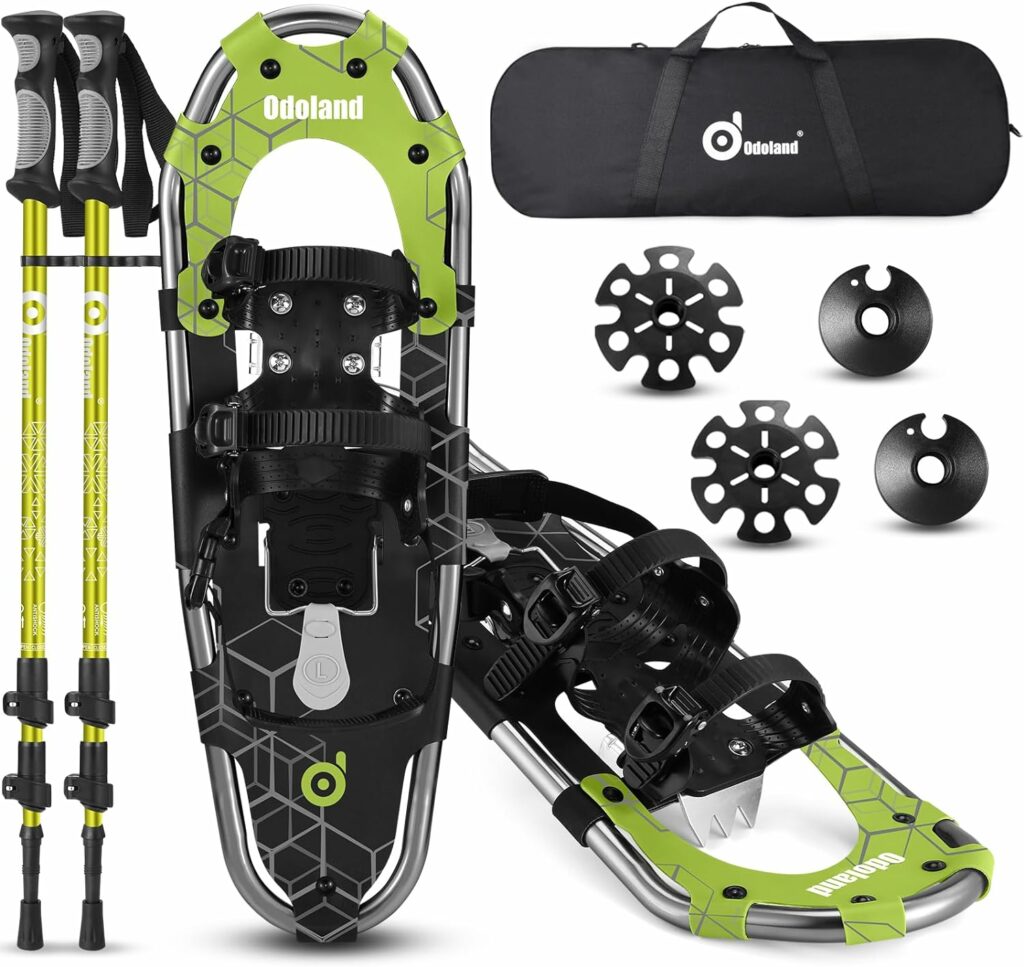 Odoland 3-in-1 Snowshoes Set for Men Women Youth Kids with Trekking Poles, Carrying Tote Bag, Light Weight Aluminum Alloy Terrain Snow Shoes,21”/25”/30”