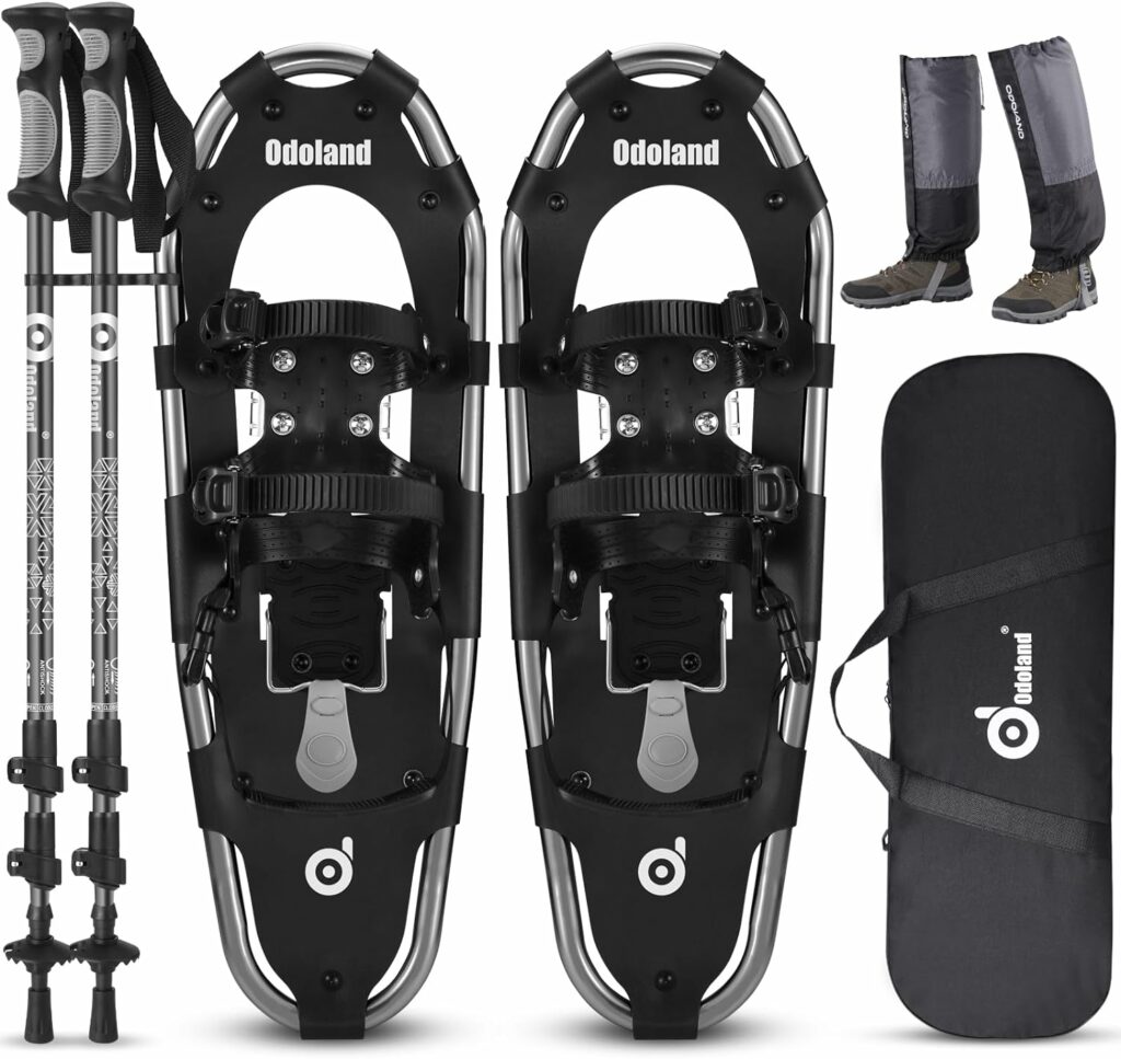 Odoland 4-in-1 Snowshoes for Men Women Youth Kids with Trekking Poles, Waterproof Snow Leg Gaiters and Carrying Tote Bag, Lightweight Snow Shoes Easy to Wear Aluminum Alloy, Size 21/25/30