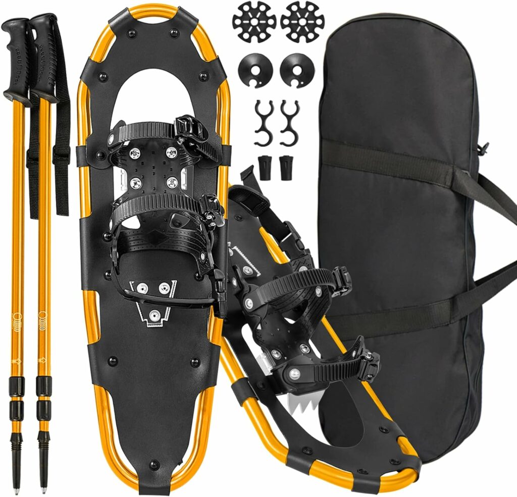 Goplus Snow Shoes for Men Women Youth Kids, Light Weight Aluminum Terrain Snowshoes with Anti-Shock Trekking Poles and Carrying Tote Bag, Snow Mud Baskets Included, 21/25/ 30 Inches