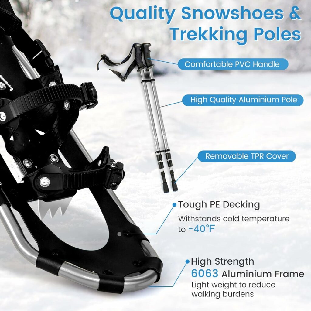 Goplus Snow Shoes for Men Women Youth Kids, Light Weight Aluminum Terrain Snowshoes with Anti-Shock Trekking Poles and Carrying Tote Bag, Snow Mud Baskets Included, 21/25/ 30 Inches