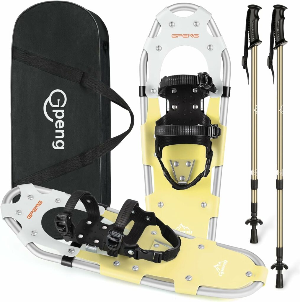 Gpeng Upgraded 3-in-1 Xtreme Lightweight Terrain Snowshoes with Crampon Protector for Men Women Youth Kids, Aluminum Alloy Terrain Snow Shoes with Trekking Poles and Carrying Tote Bag