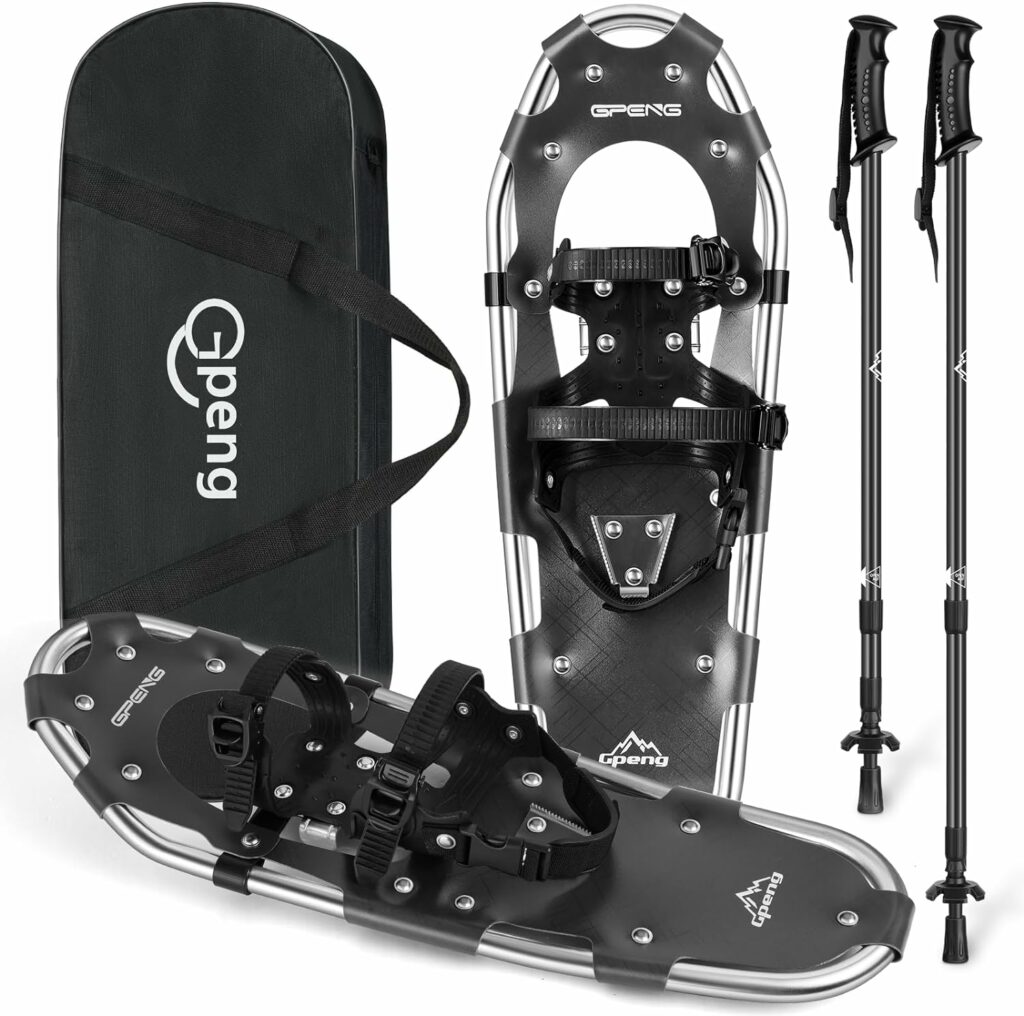 Gpeng Upgraded 3-in-1 Xtreme Lightweight Terrain Snowshoes with Crampon Protector for Men Women Youth Kids, Aluminum Alloy Terrain Snow Shoes with Trekking Poles and Carrying Tote Bag