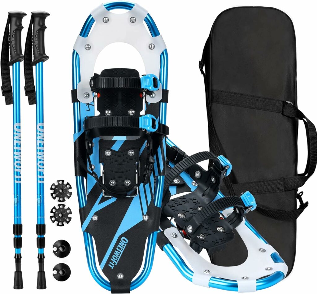 ONETWOFIT Snowshoes, 3 in 1 Snow Shoes for Women Men Youth 25 Inch Lightweight Aluminum Alloy Snowshoes with Trekking Poles and Portable Storage Bag Support up to 350 LBS
