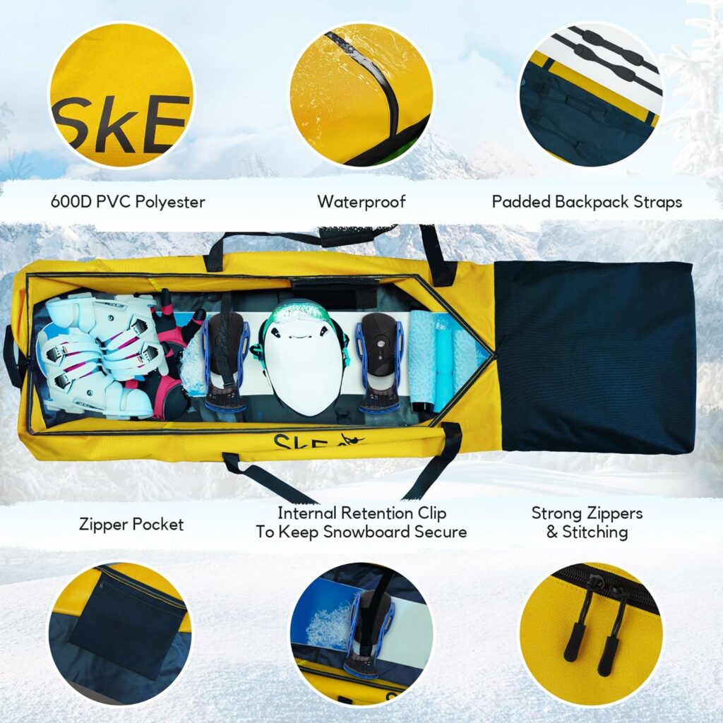 SkEASON Travel Snowboard Bag - Water Resistant Snowboard Backpack w/ 900D  600D PVC Polyester - Snowboard Carry Case w/Strong Stitching - Snowboard Bag for Two - Helmet, Board, Boots,  More