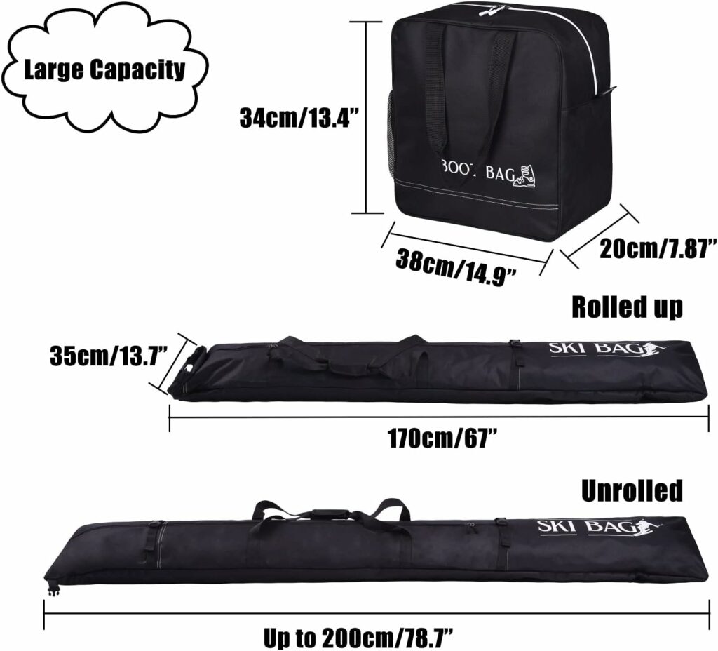 ZFZGFRCS Ski Bag and Ski Boot Bag Combo ski bags for air travel Unpadded Snow Ski Bags Snowboard Bag Store and Transport Ski Up to 200 cm and Boots Up to Size 13 Suitable for Men Women and Children