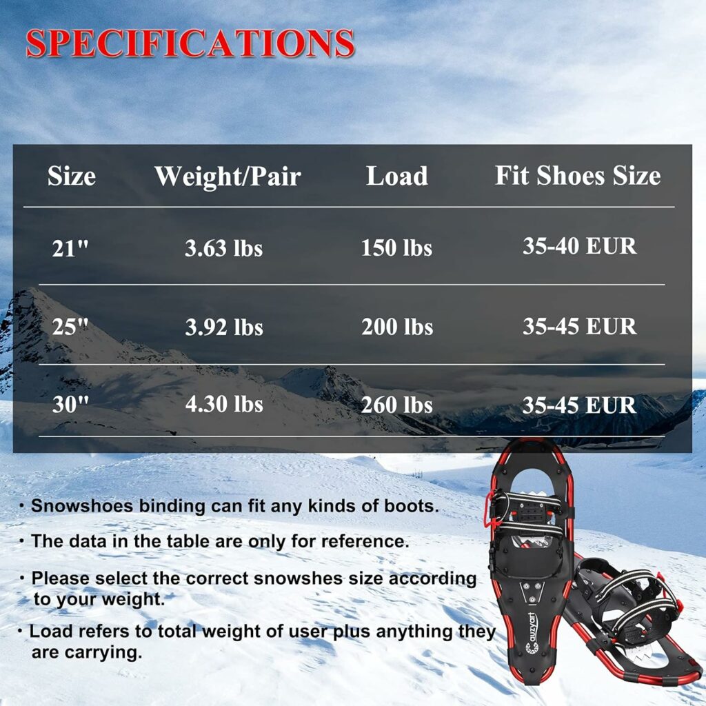 Cauzyart Snowshoes for Women Men Youth Kids, 21/25/30 Inches Lightweight Aluminum Terrain Snow Shoes with Anti-Shock Trekking Poles and Carrying Tote Bag, Easy to Wear with One-Pull System
