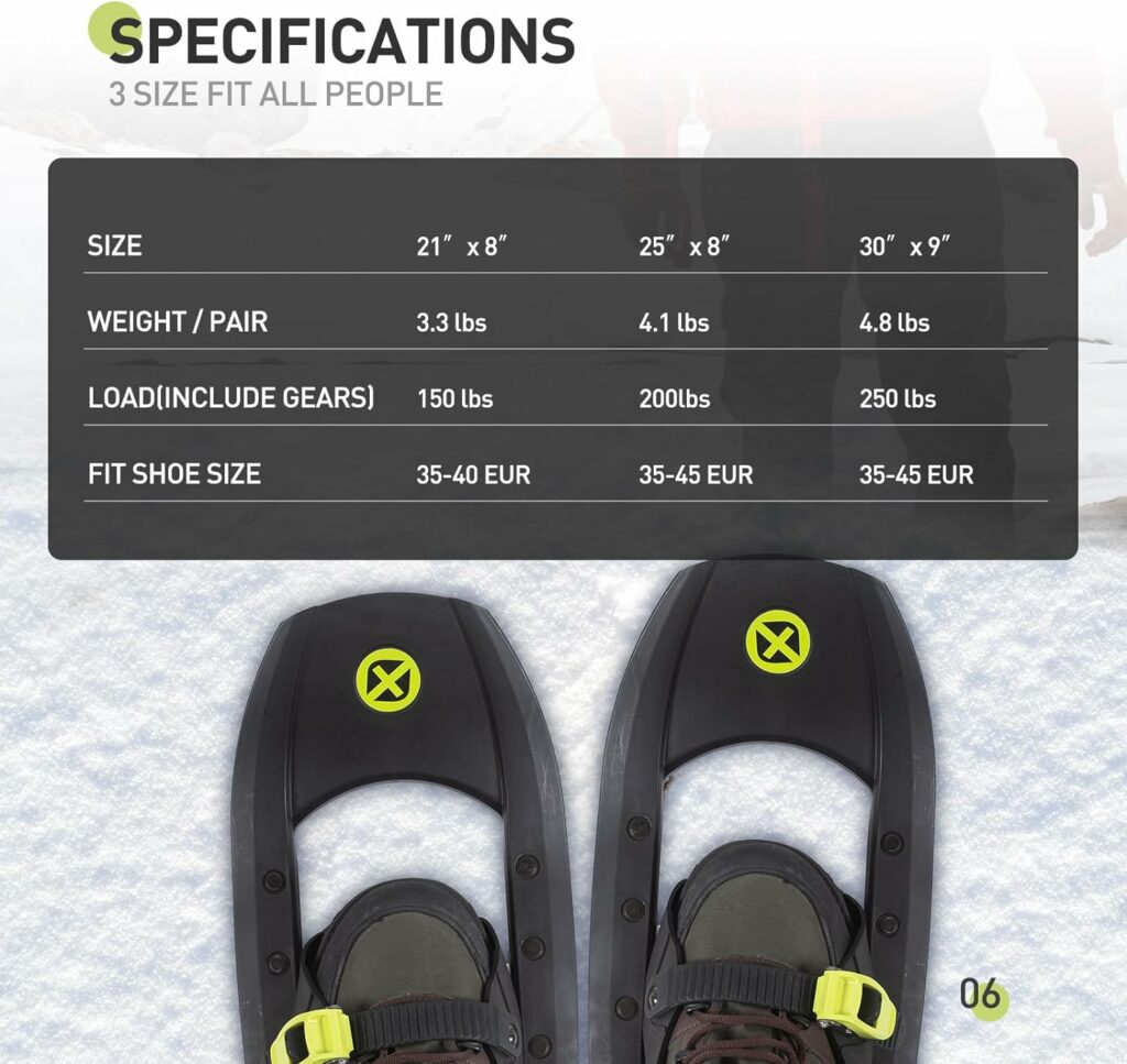 G2 21/22/23/25 Inches Light Weight Snowshoes with Toe Box, EVA Padded Ratchet Binding, Heel Lift, Flexible Pivot Bar, Durable Back Strap, Trekking Poles, Carrying Bag, Snow Baskets