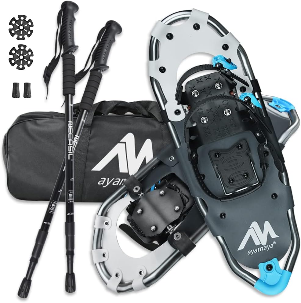 Snowshoes for Men Women Youth Kids, AYAMAYA Lightweight Aluminum Alloy Terrain Snow Shoes with Adjustable Ratchet Bindings Sawtooth Carrying Tote Bag for Snowshoeing Hiking, 21/ 25/ 30
